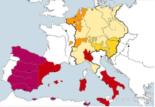 王朝卡洛斯一世(1519年)统治下的欧洲地区,紫色为卡斯蒂利亚王国